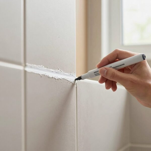 A pen tracing a white grout line between light grey tiles