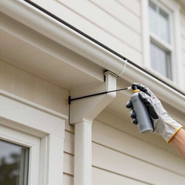 A gloved hand spraying sealant on a gutter seam