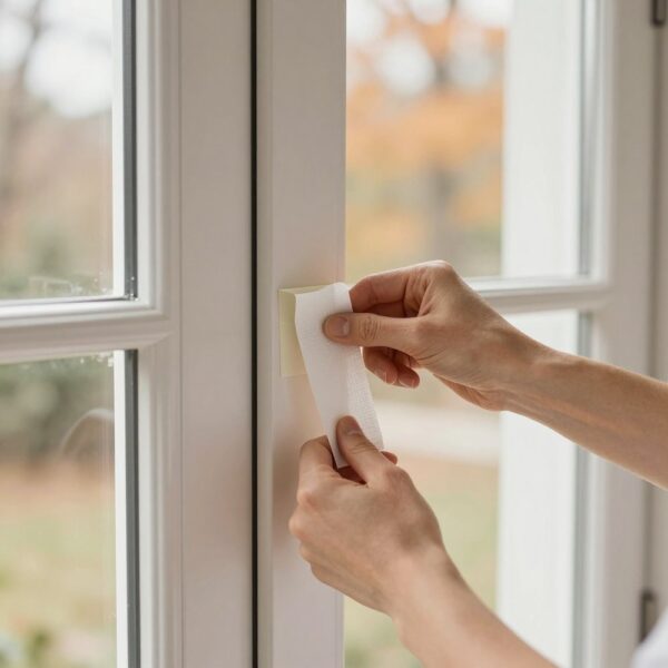 Hands pressing a white seal strip along a door frame