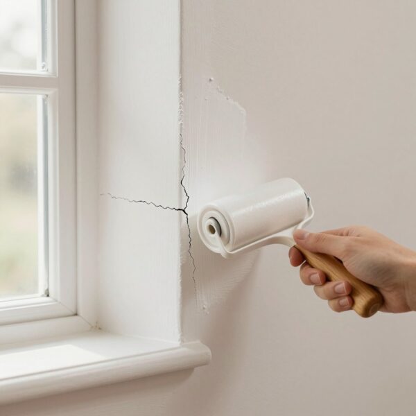 Hands rolling a mini roller over a hairline crack in a white wall