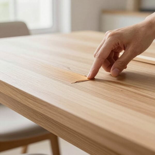 A fingertip pressing repair paste into a scratch on an oak table