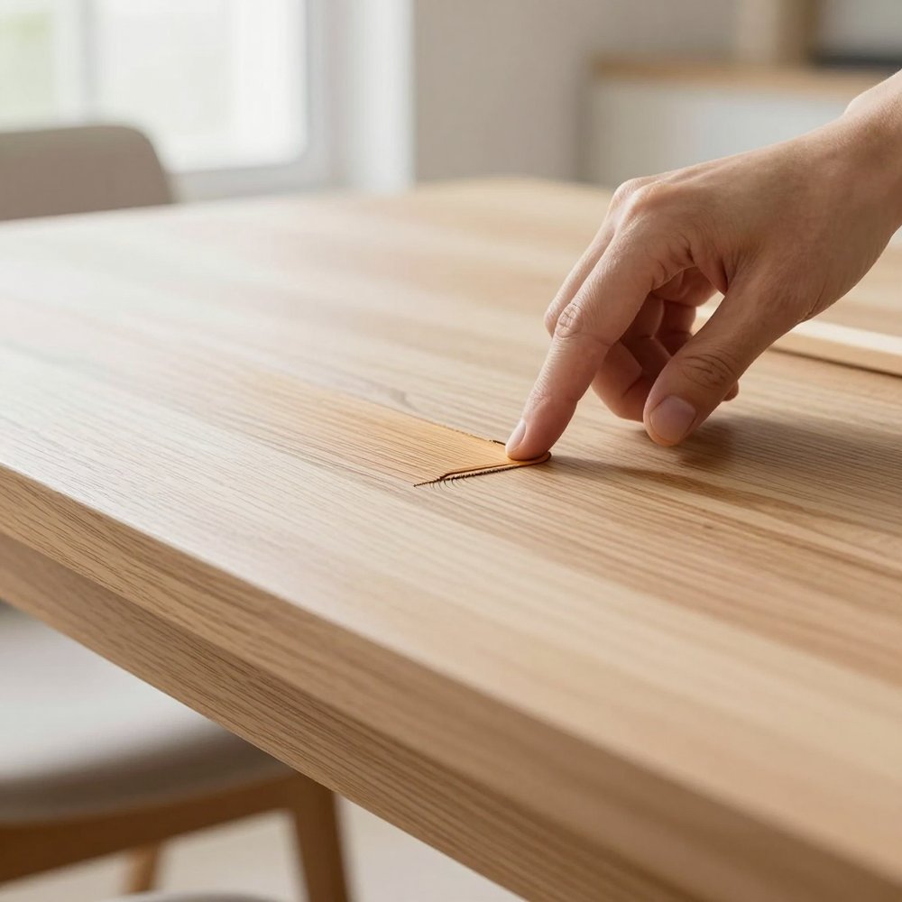 A fingertip pressing repair paste into a scratch on an oak table