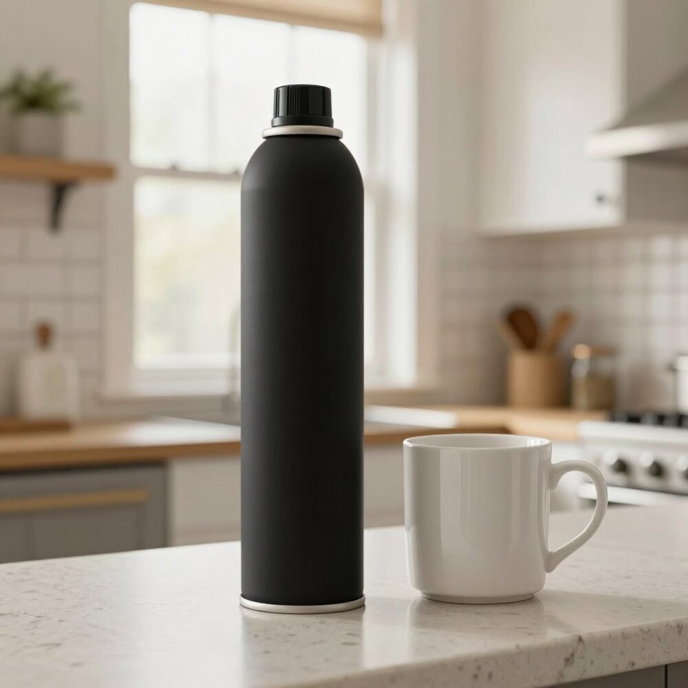 Leak Seal Spray: Real size, next to a coffee mug