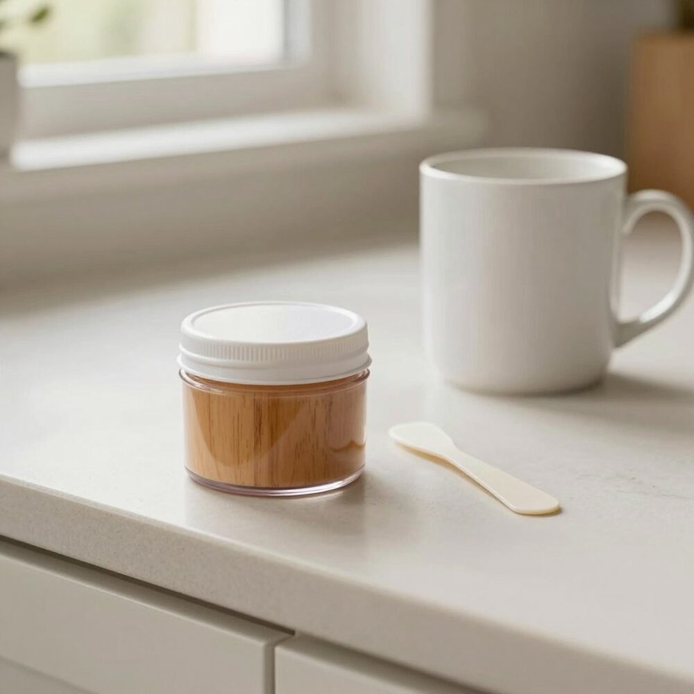 Wood Scratch Repair Paste: Real size, next to a coffee mug